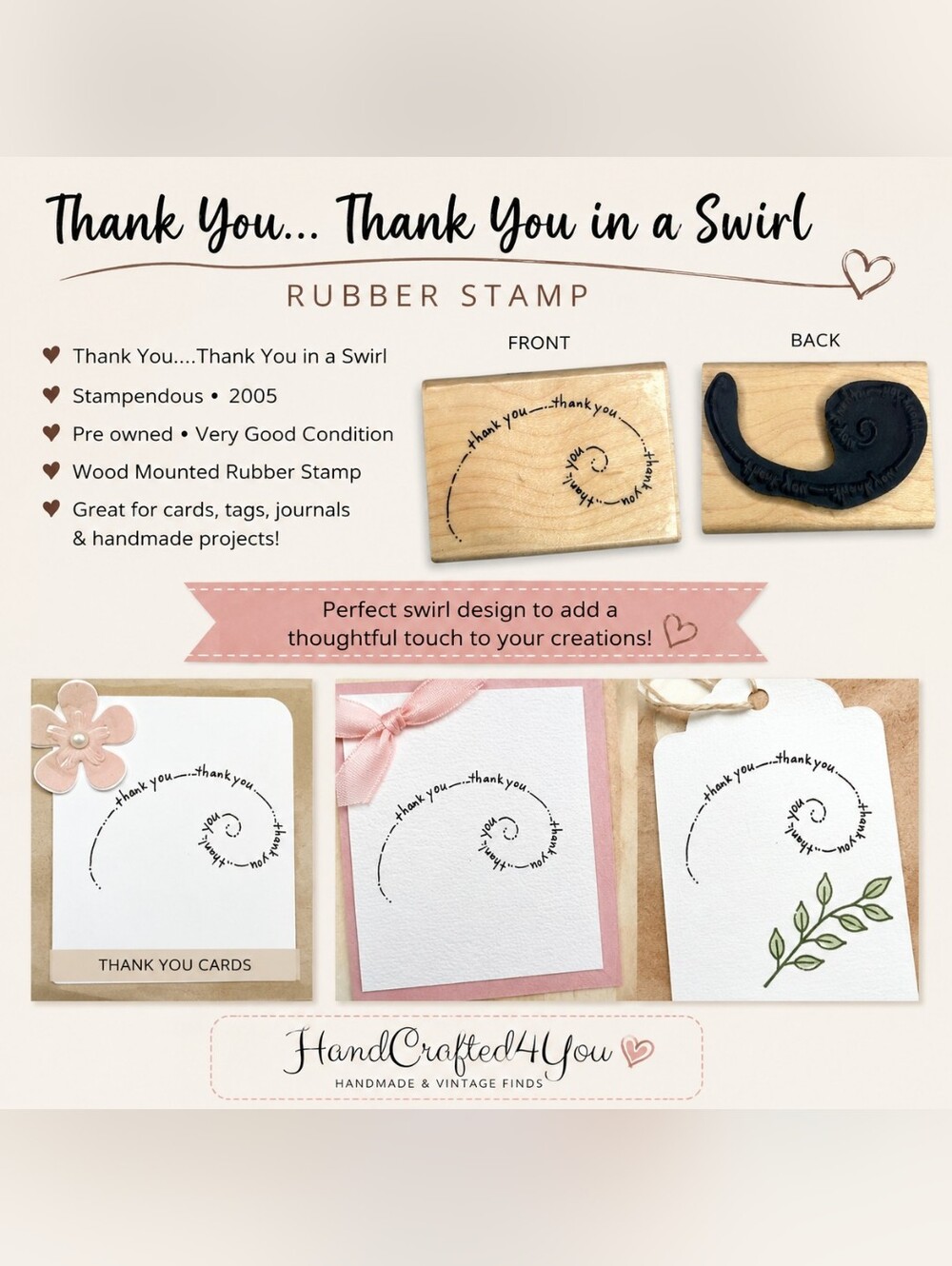 Rubber Stamp Swirl Design with Thank You, by Stampendous Retired Design 2005